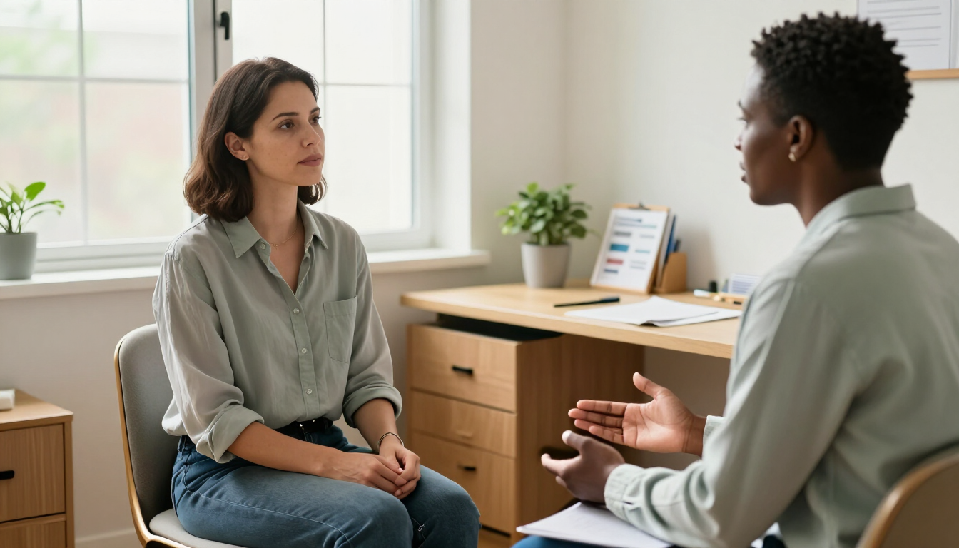 Client discussing anxiety support with a hypnotherapist in a bright private office