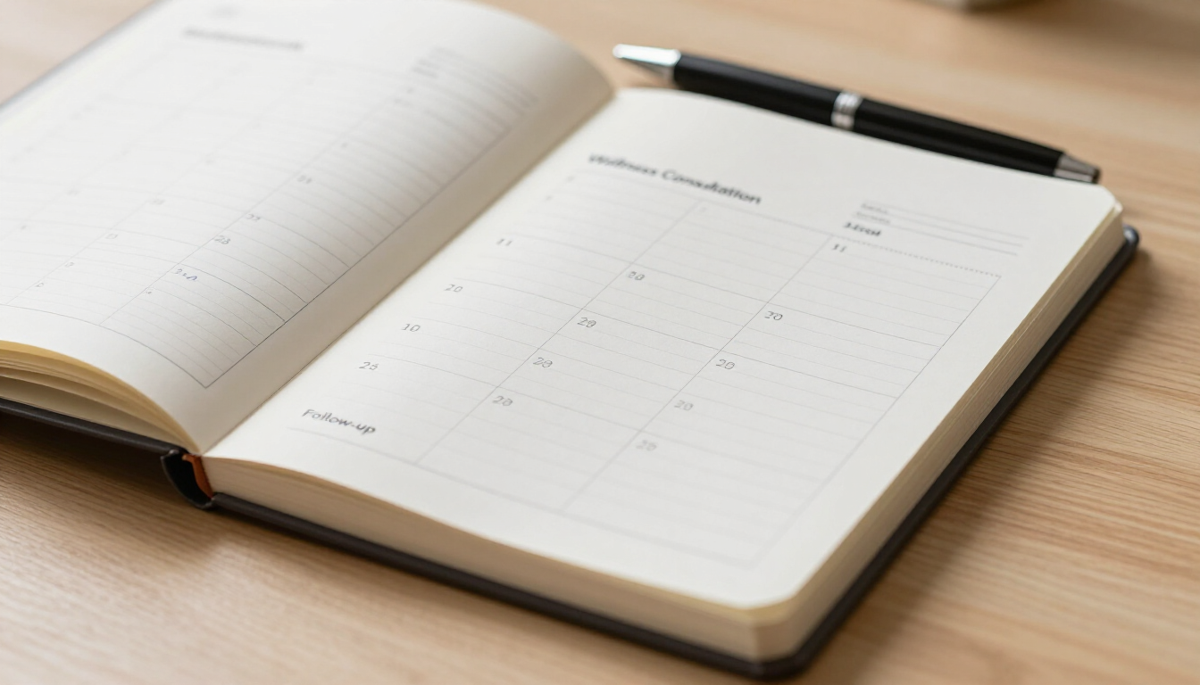 Notebook, calendar, and consultation notes for planning anxiety treatment costs