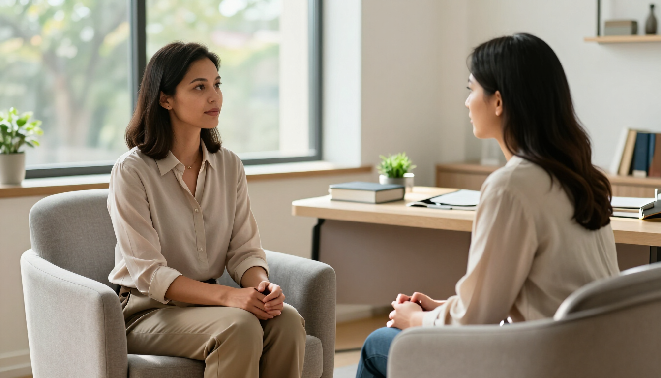 Client and hypnotherapist having a supportive conversation in Atlanta