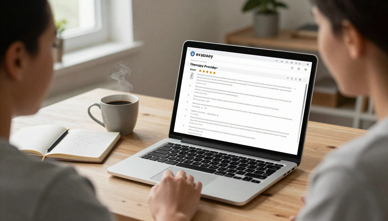 Person comparing therapist reviews on a laptop