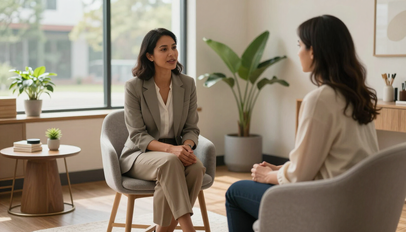 Client and hypnotherapist discussing personal goals in Atlanta