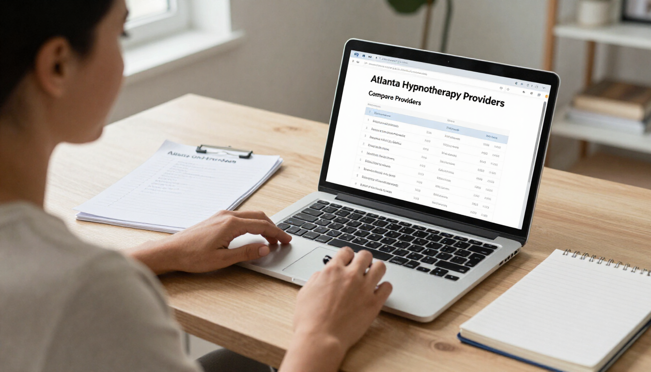 Person reviewing hypnotherapy options on a laptop