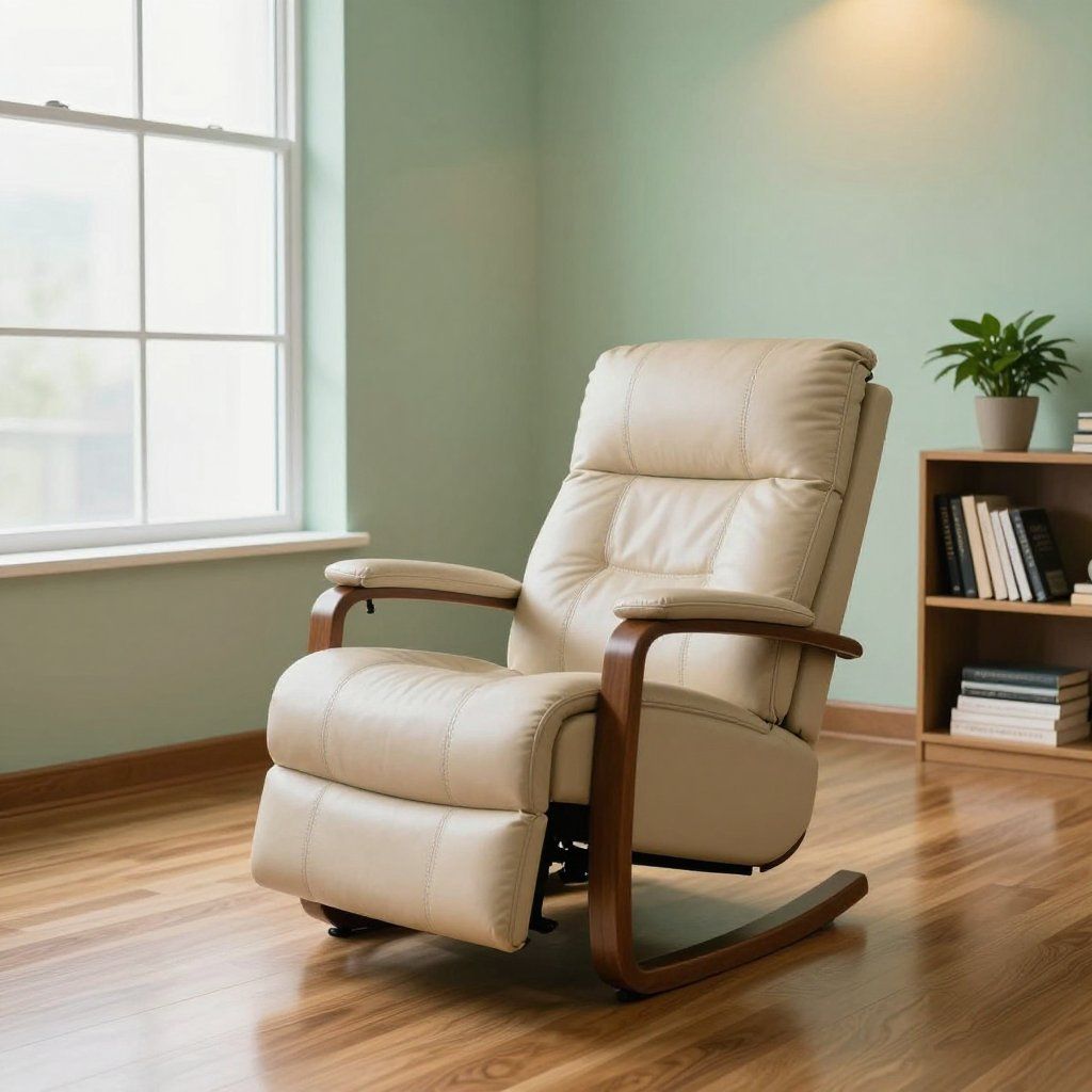 Cream recliner with matching ottoman in a sunlit living room by a window and bookshelf