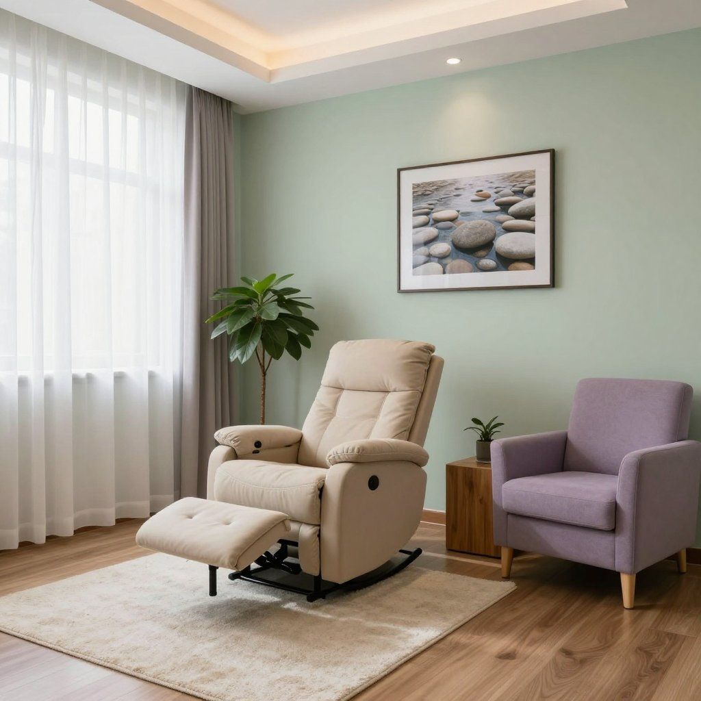 Modern living room with beige recliner, lavender chair, potted plant, and framed wall art
