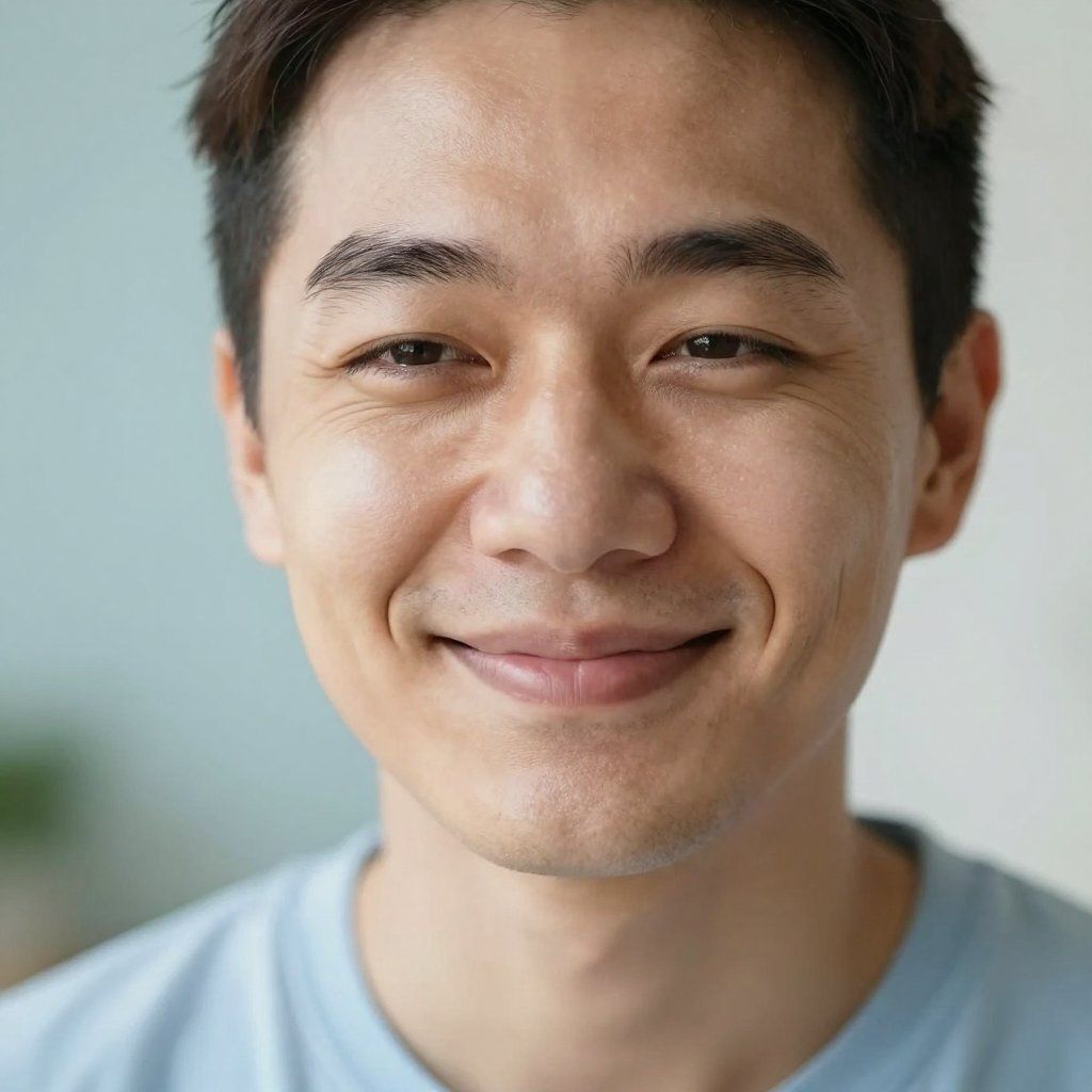 Smiling person in a light blue shirt against a soft blurred background