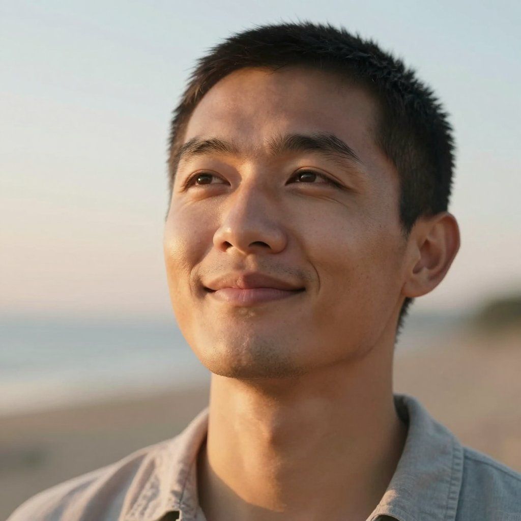 Smiling person outdoors at sunset with ocean in the background