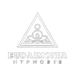 Logo with a meditating figure in a triangle above the words “Eudaimonia Hypnosis.”