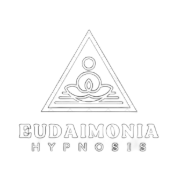 Logo with a meditating figure in a triangle above the words “Eudaimonia Hypnosis.”