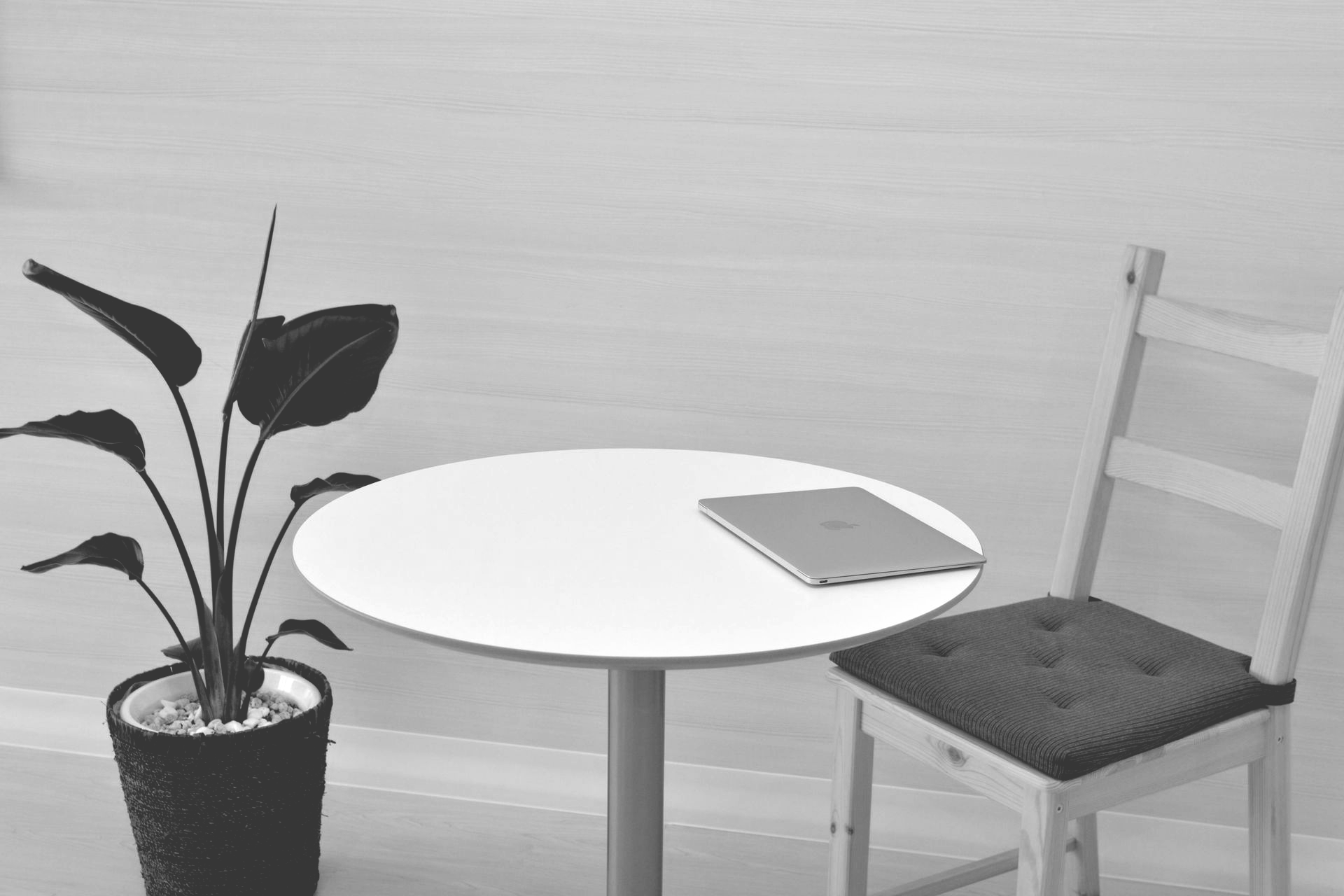 Small table with a notebook, next to a potted plant and a wooden chair in a sparse room