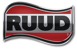 A red and black logo for ruud on a white background