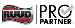 A red and black logo for ruud on a white background