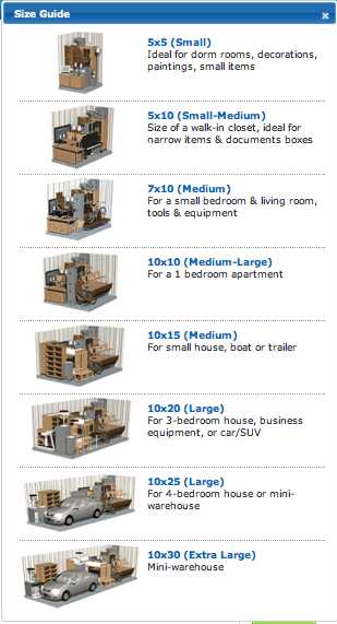 Blue guide showing eight room-sizes with floor plans and labels for small to extra large spaces