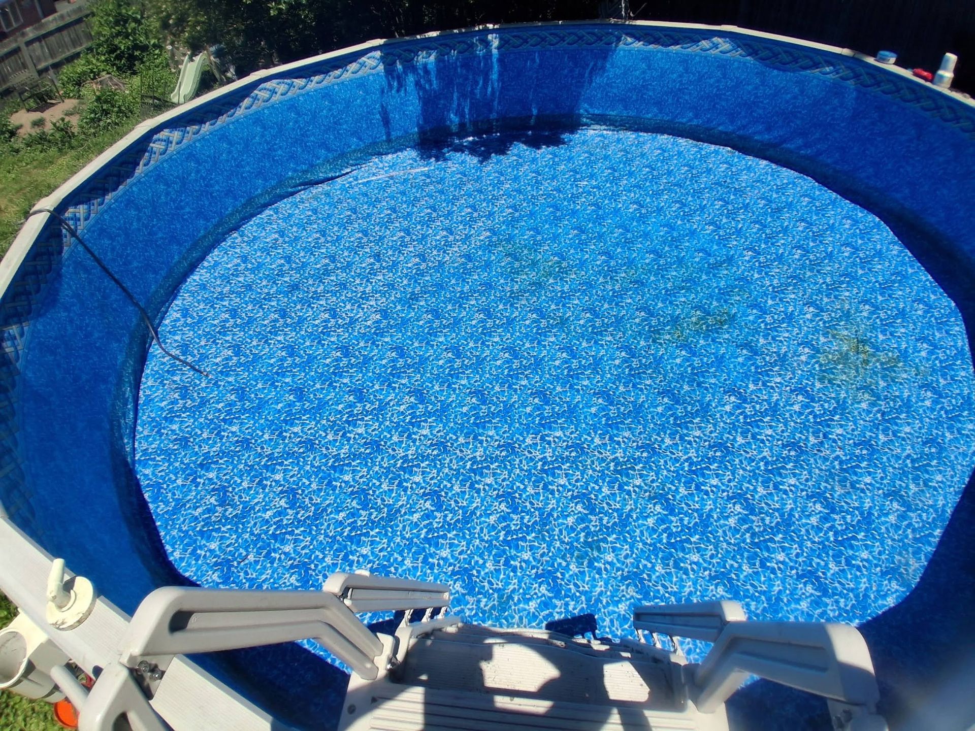 Empty blue above-ground pool with water, seen from the edge in a backyard.