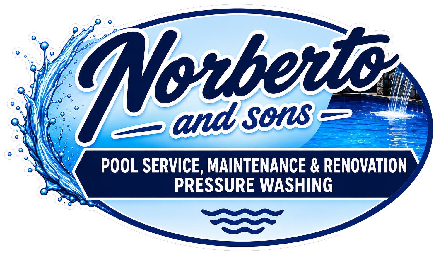 Norberto and Sons logo with blue water splash and text for pool service, maintenance, renovation, pressure washing