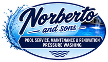 Norberto and Sons logo with blue water splash and text for pool service, maintenance, renovation, pressure washing