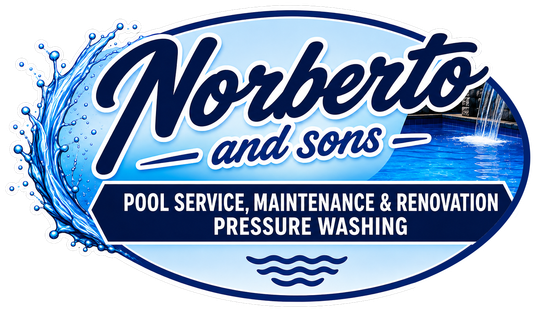 Norberto and Sons logo with blue water splash and text for pool service, maintenance, renovation, pressure washing