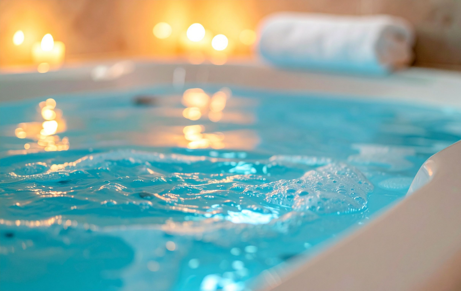 Turquoise hot tub water bubbling beside a white edge, with warm lights blurred in the background