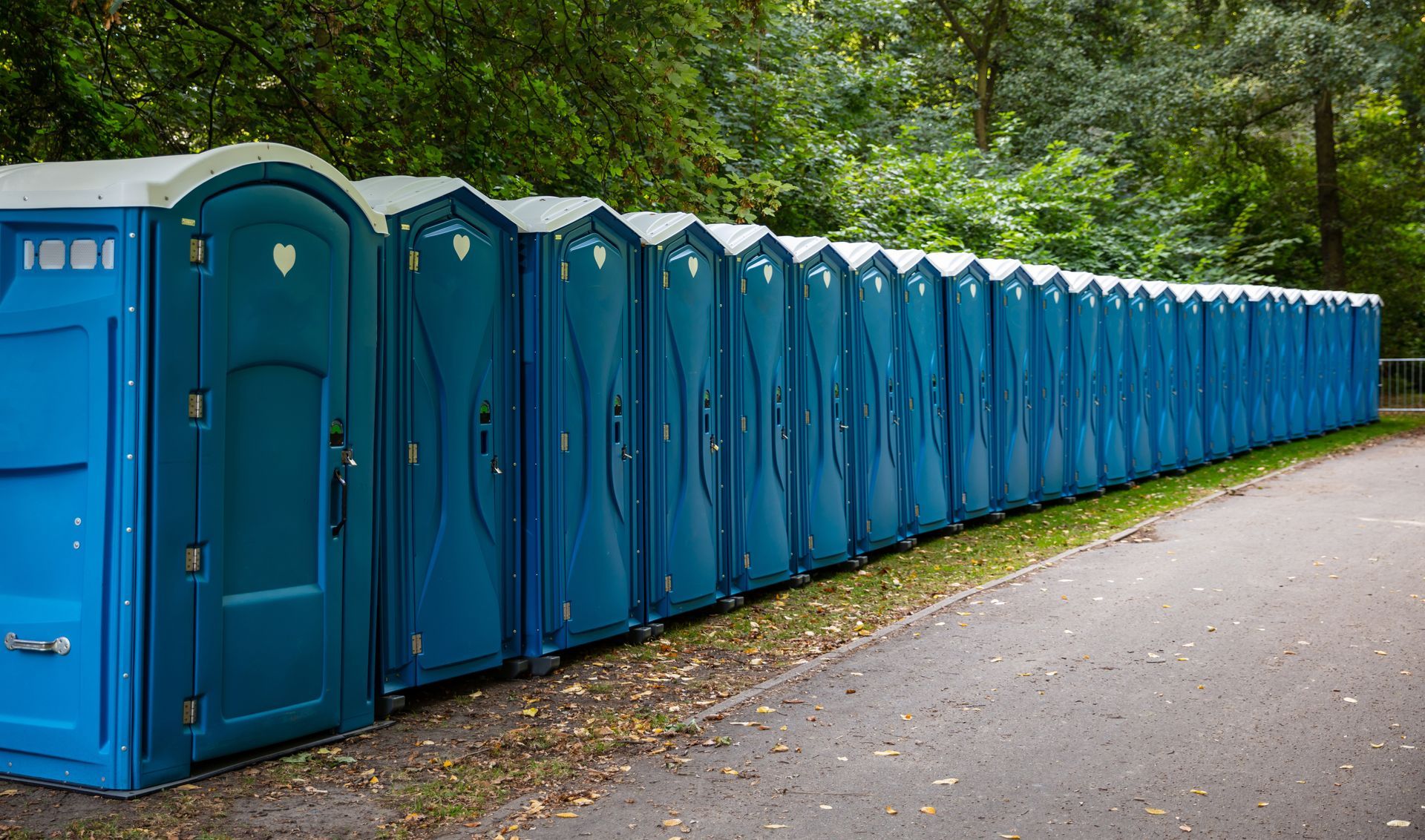 Portable mobile toilets in the park. A line of chemical WC cabins for a festival event, in the woods Portable mobile toilets in the park. A line of chemical WC cabins for a festival event, in the woods