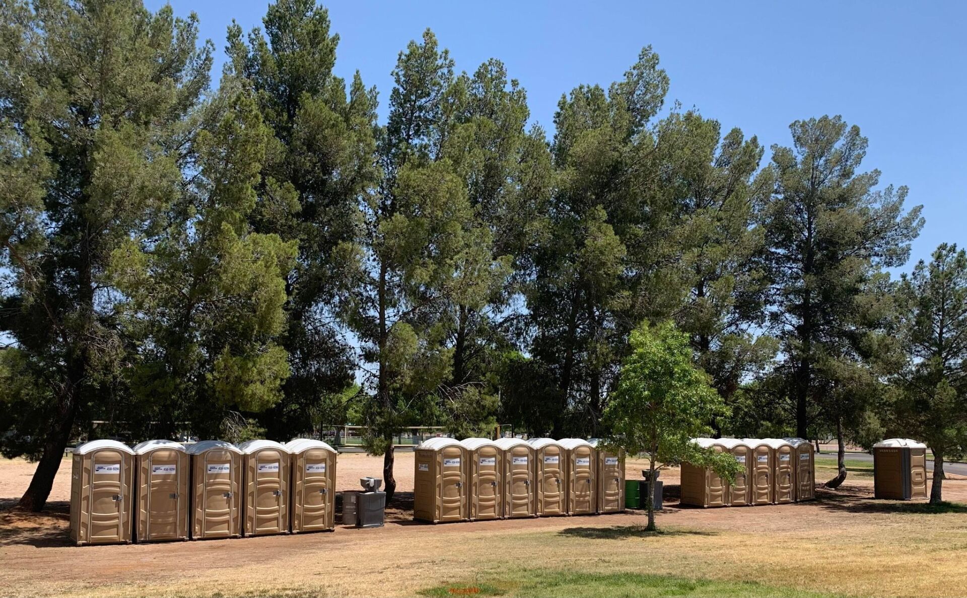 A row of portable toilets in a park with trees in the background A row of portable toilets in a park with trees in the background
