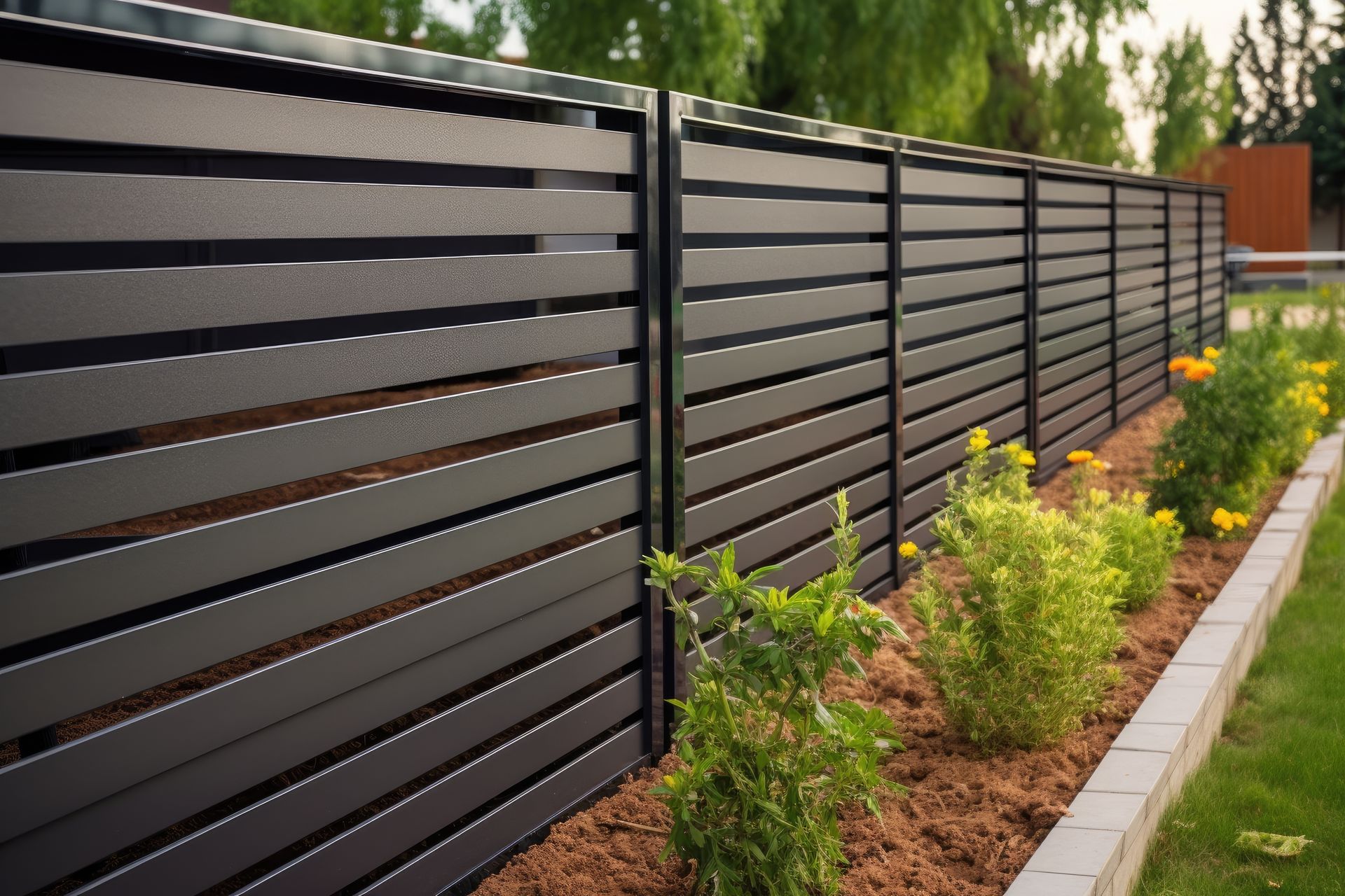 A black fence surrounds a garden with flowers and shrubs.