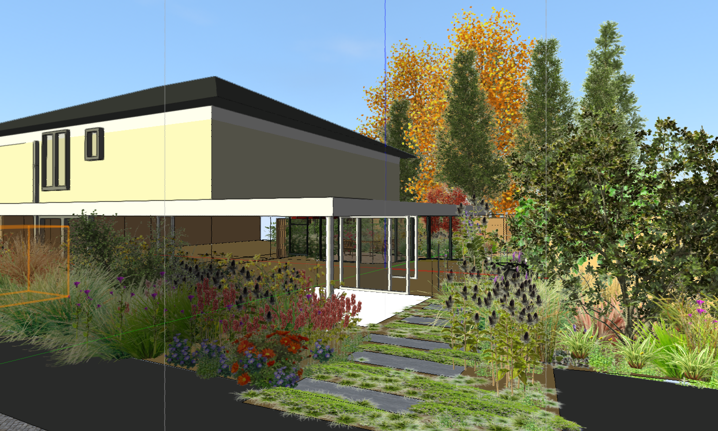 Tuinontwerp in 3D met natuurlijke beplanting en heldere structuur rondom de woning, hoekhuis.
