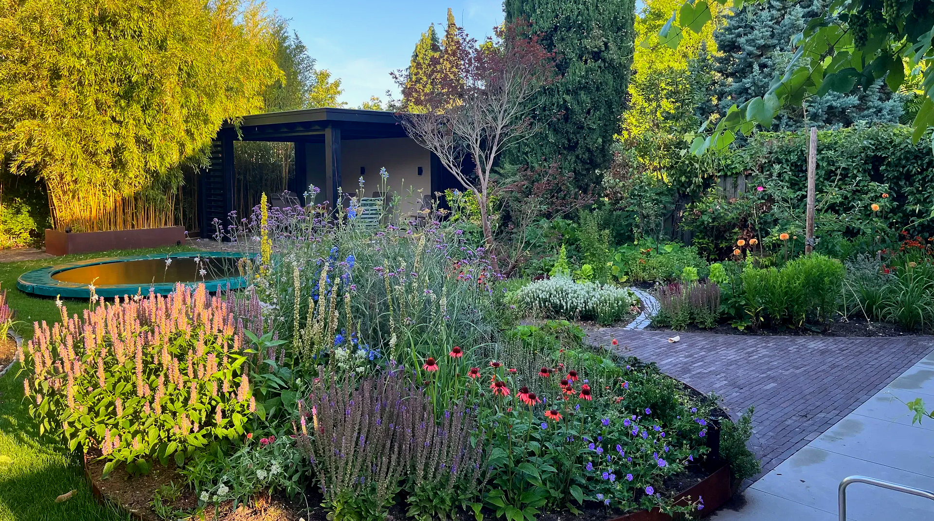 Natuurlijke tuin met bloeiende border, siergrassen en slingerend tuinpad.