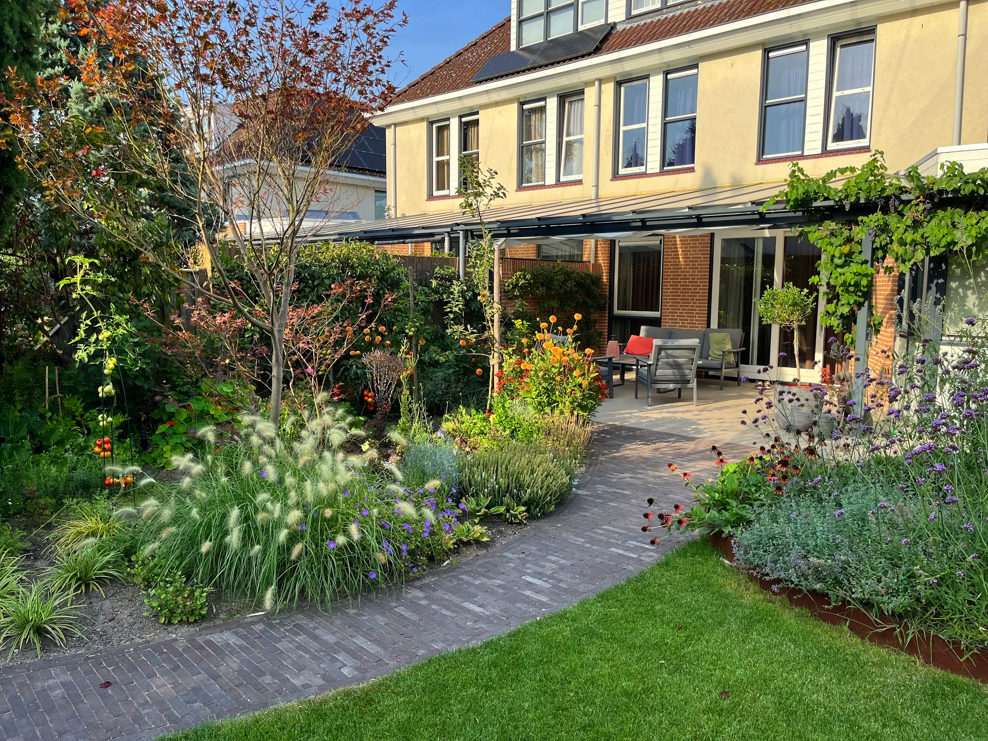 Natuurlijke tuin bij een woning in Nijmegen met rijke beplanting en zachte overgangen.