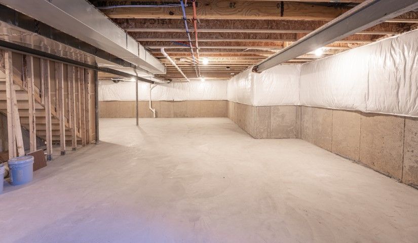 Empty unfinished basement with exposed beams, insulation, and concrete floor