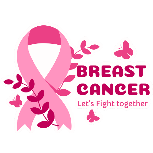 Pink breast cancer awareness ribbon with “BREAST CANCER” and “Let’s Fight together” text.