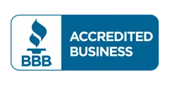 BBB Accredited Business badge in blue and white with the Better Business Bureau torch logo