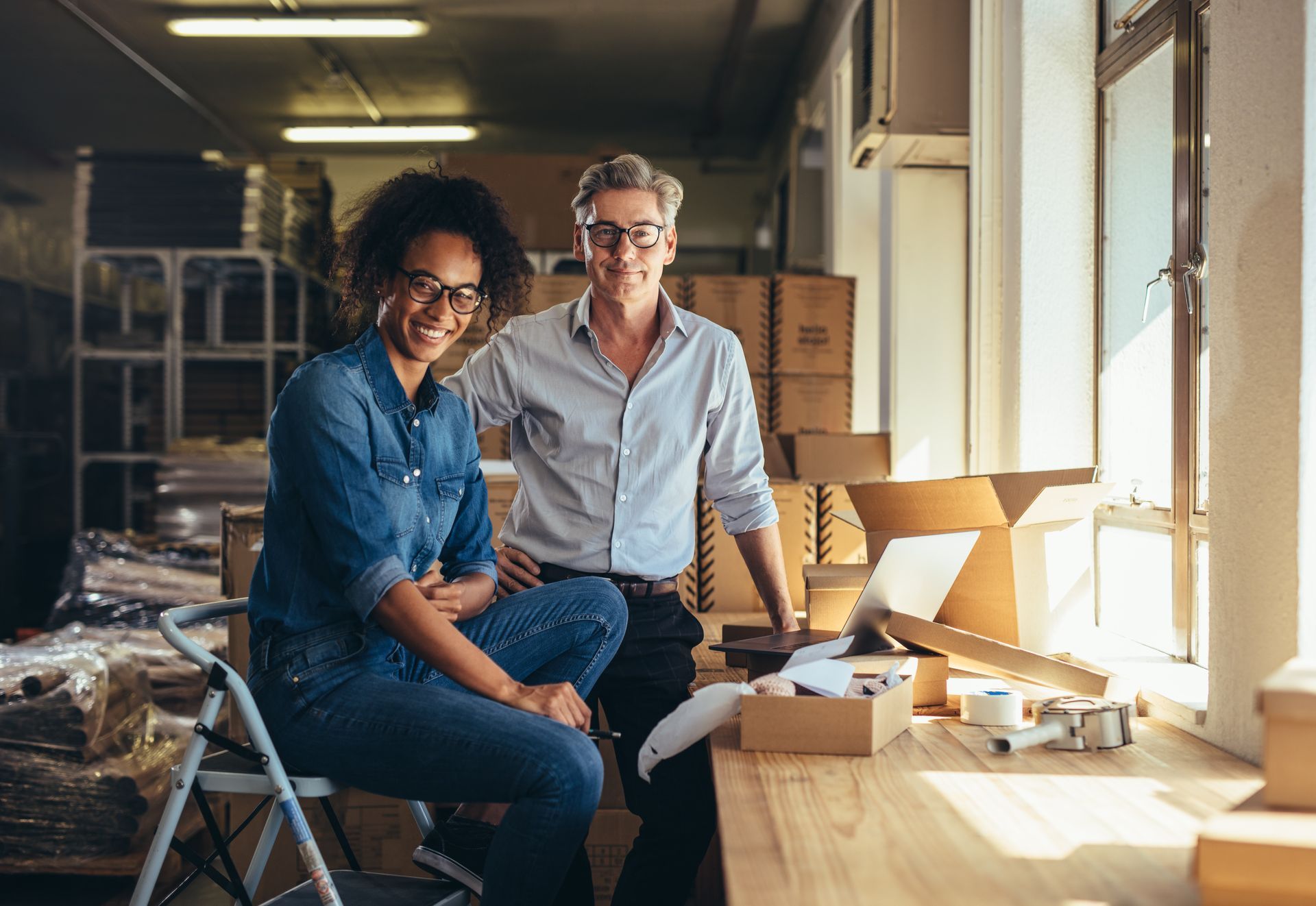 Two people in a sunlit workshop sit beside boxes and tools on a workbench