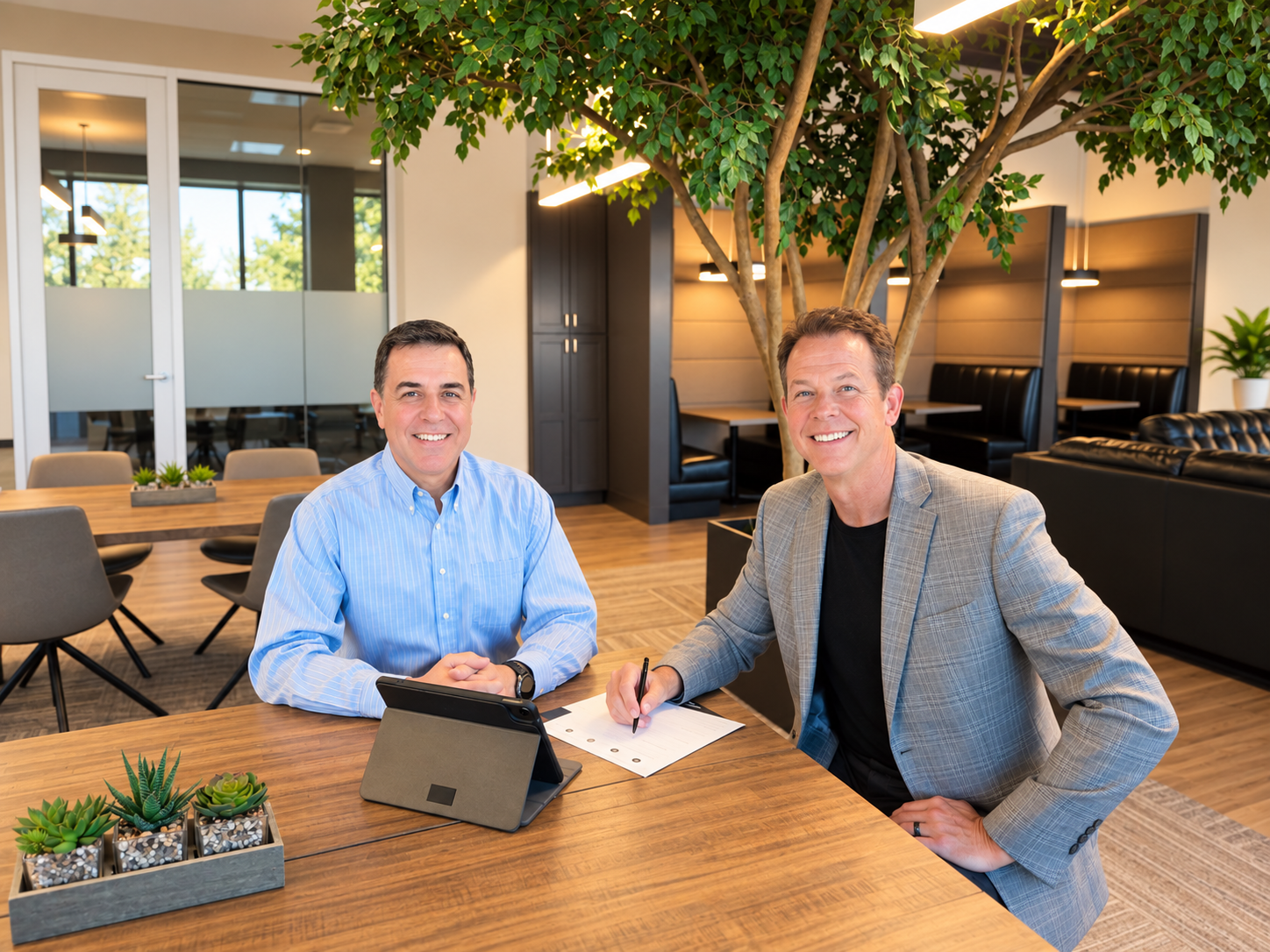 Two men sitting at a wooden table in an office lounge, smiling beside a laptop and notepad.