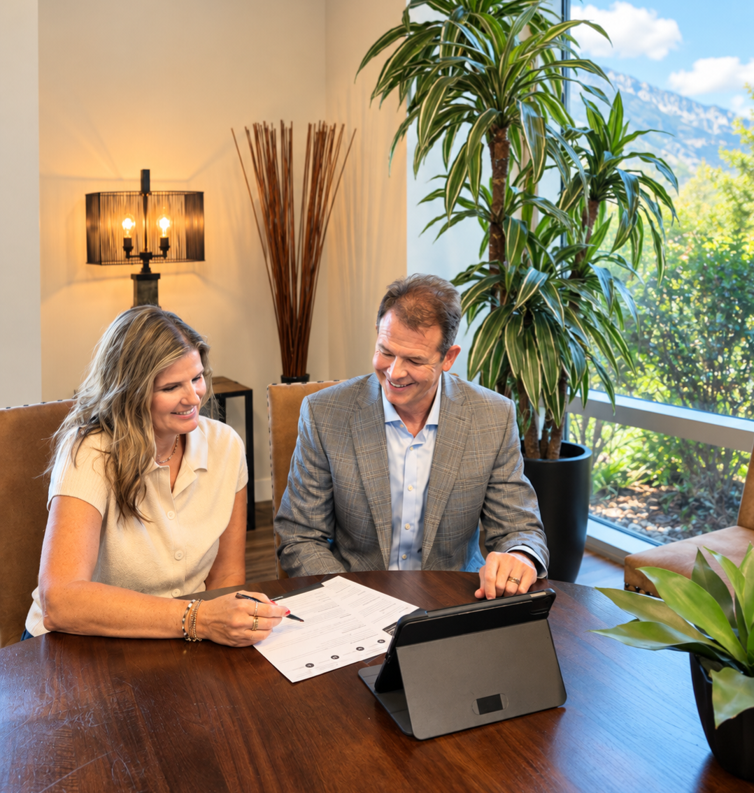 Two people reviewing papers at a dining table with a tablet in a bright room overlooking greenery