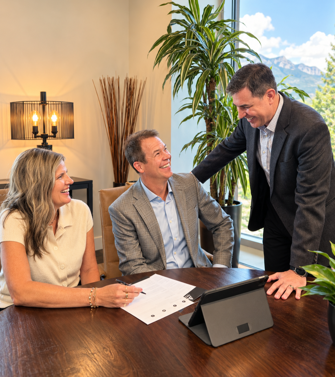 Three coworkers meeting at a conference table, smiling and discussing a document in a bright office.