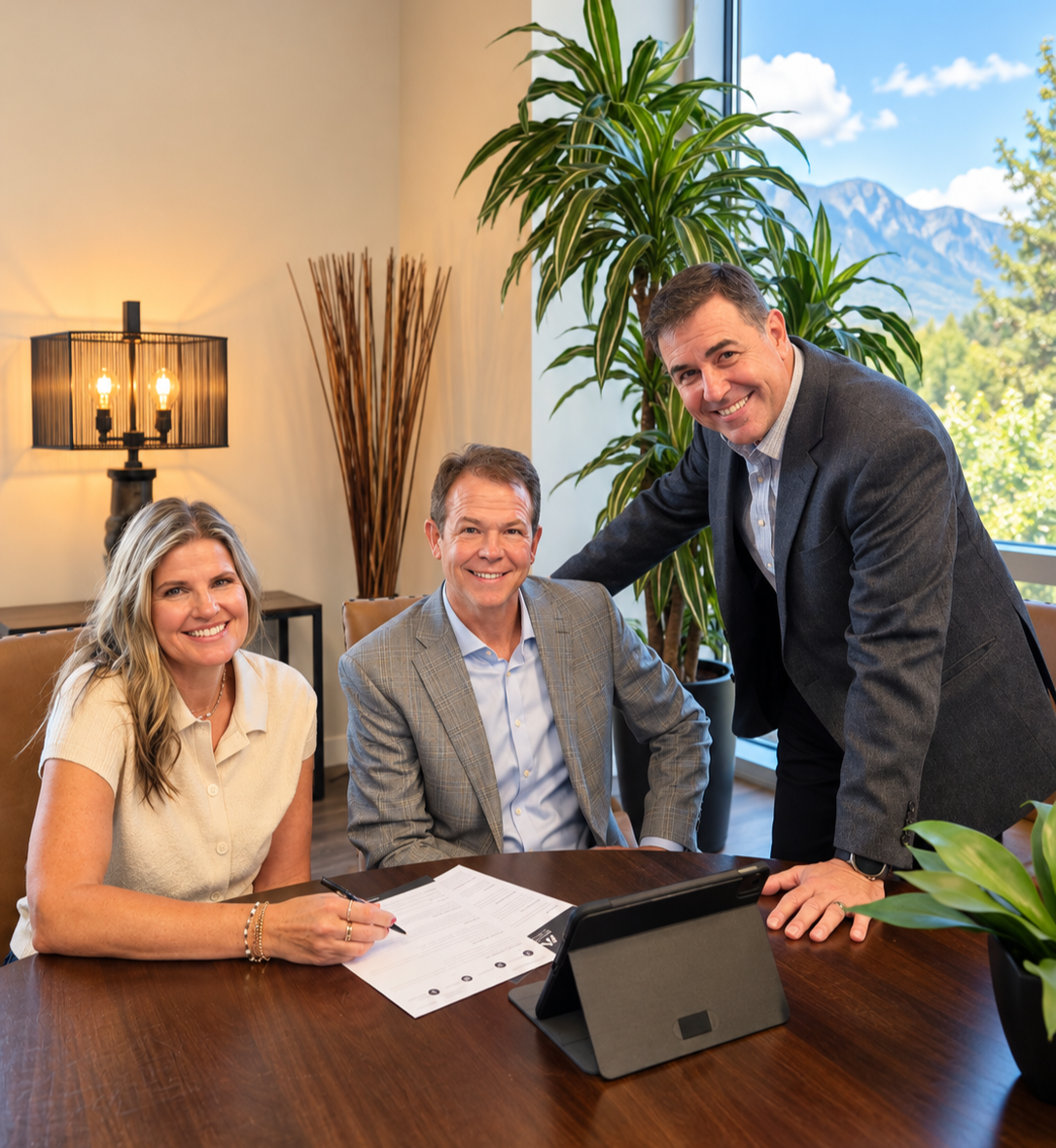 Three colleagues smiling around a conference table with a tablet in an office