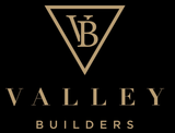 Valley Builders logo with gold VB triangle mark on black background