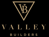 Valley Builders logo with gold VB triangle mark on black background