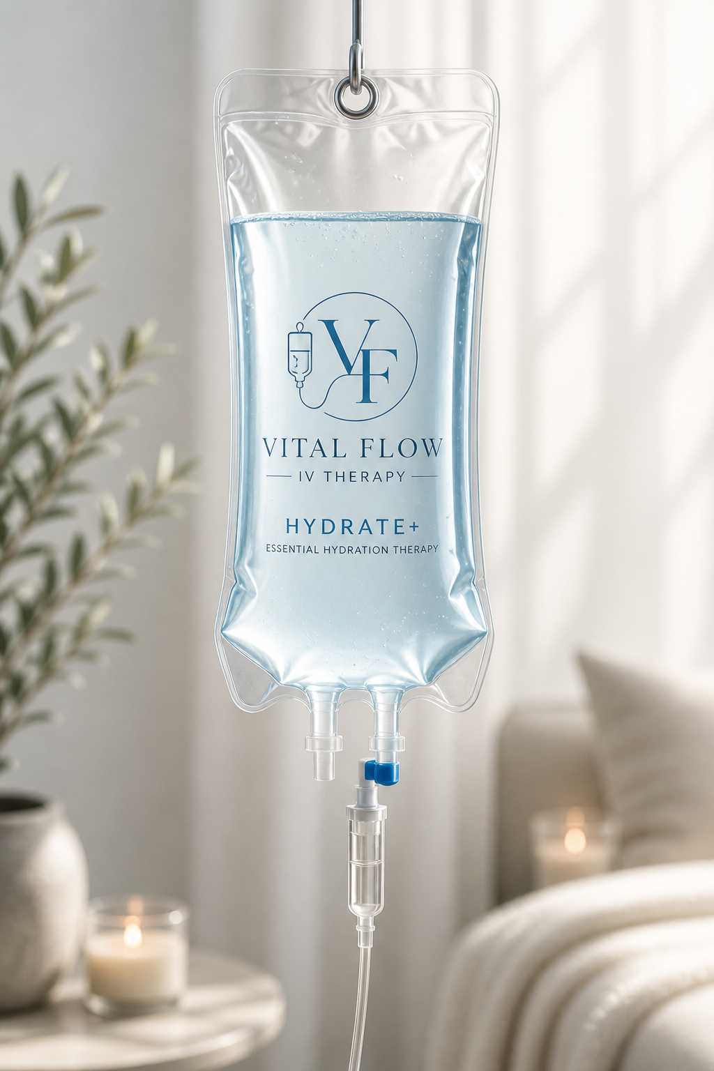 IV drip bag labeled “VITAL FLOWS HYDRATE” hanging in a soft-lit room
