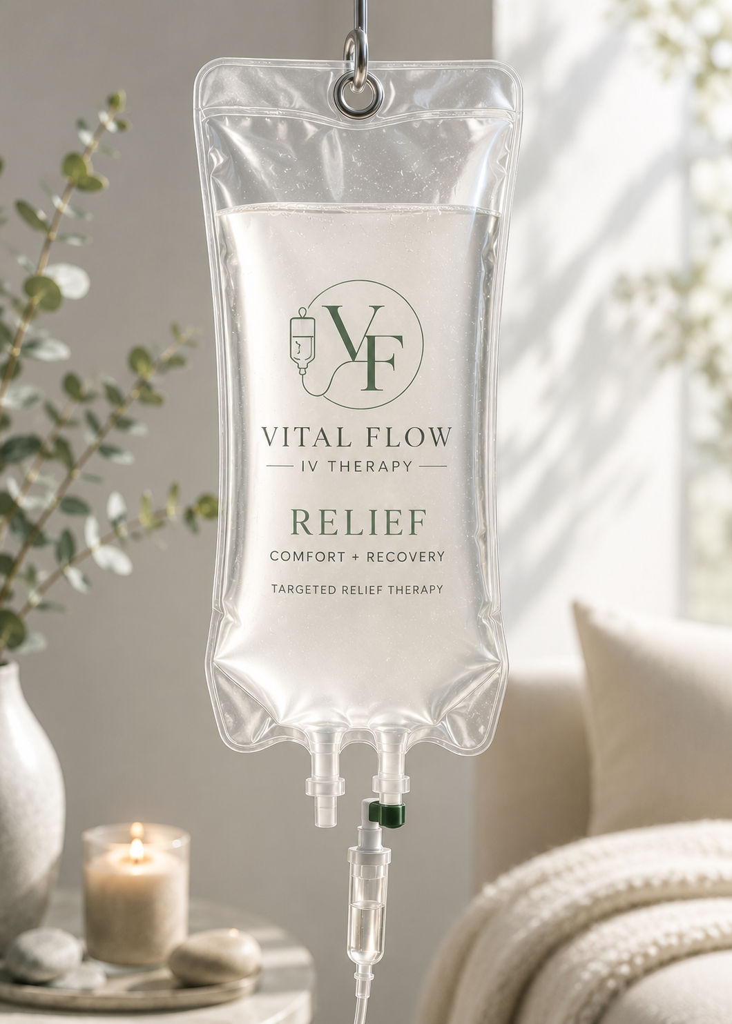 Clear IV fluid bag hanging indoors beside a lit candle and cream knit blanket