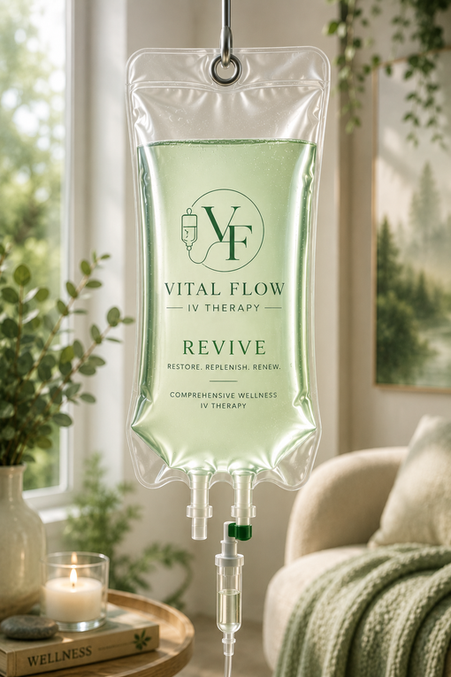 IV drip bag labeled “Vital Flow” and “Revive” in a cozy spa-like room
