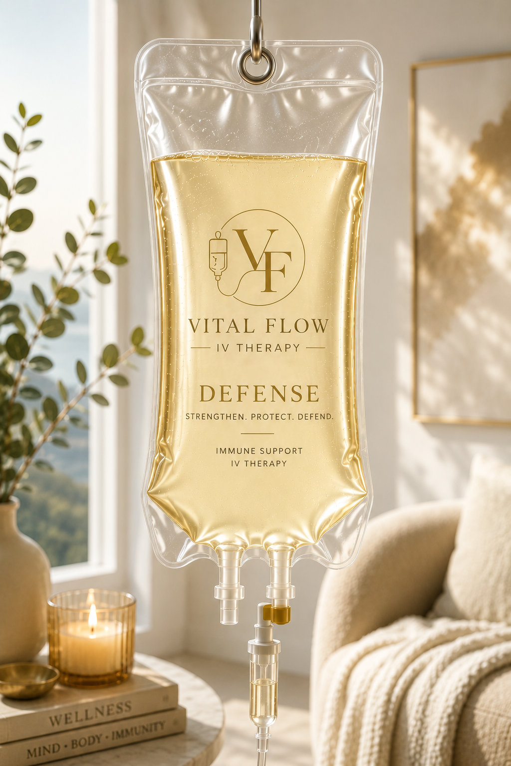 IV therapy bag with pale yellow fluid hanging in a cozy wellness room