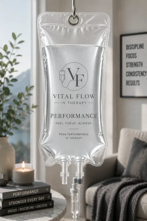 Clear IV bag labeled “Vital Flow Performance” hanging in a cozy living room beside a couch and stacked books.