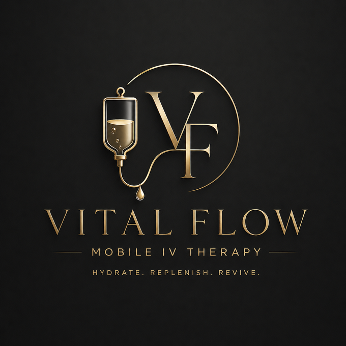 Gold “Vital Flow Mobile IV Therapy” logo with IV bag and monogram on a black background