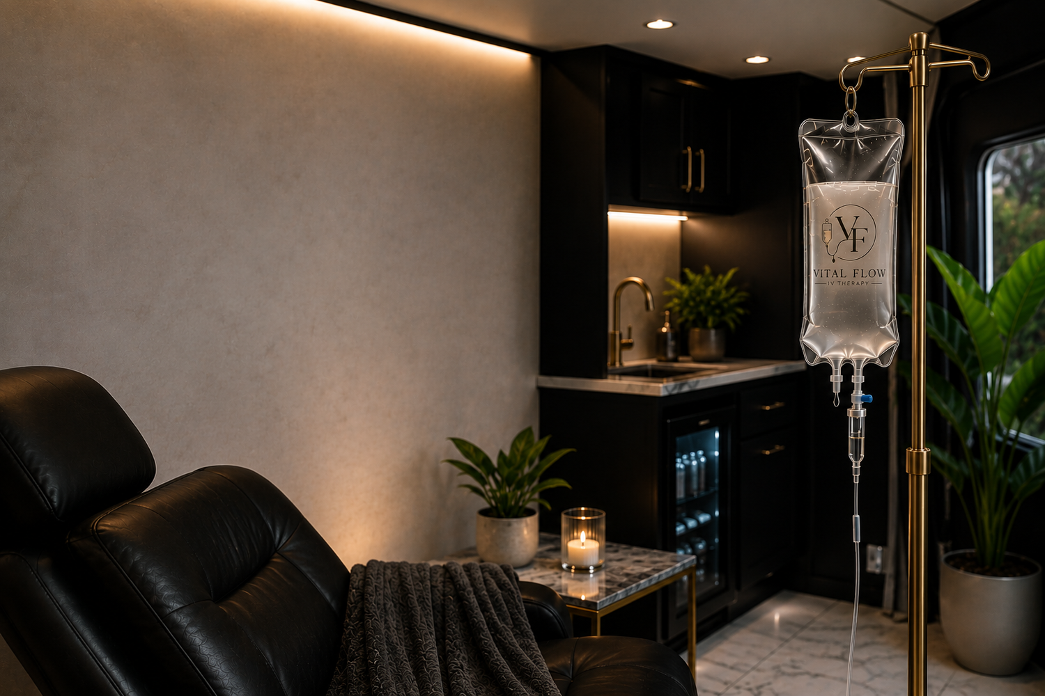 Dim wellness room with massage chair, lit candles, and a hanging IV drip by a window.