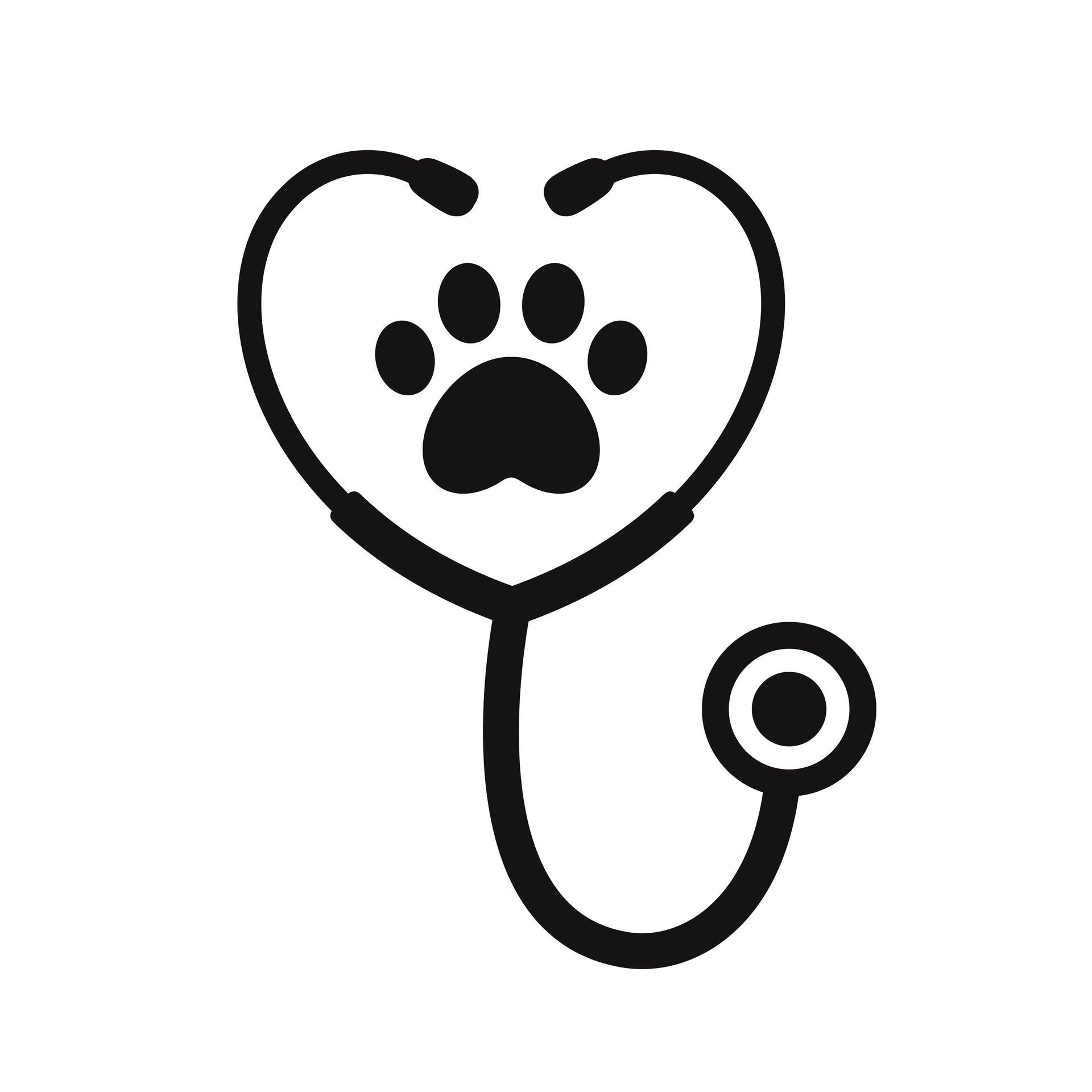 Black stethoscope with a paw print inside the heart-shaped chest piece on a white background