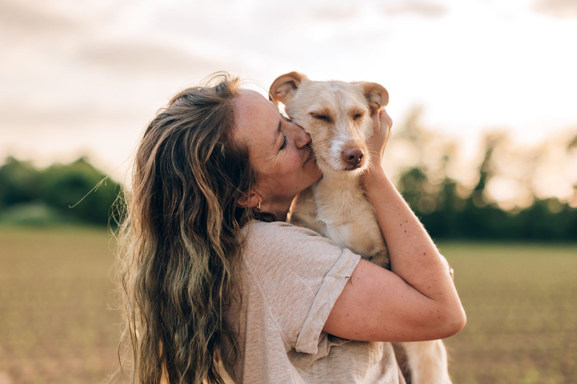 Woman holding and kissing a small tan dog in a grassy field at sunset