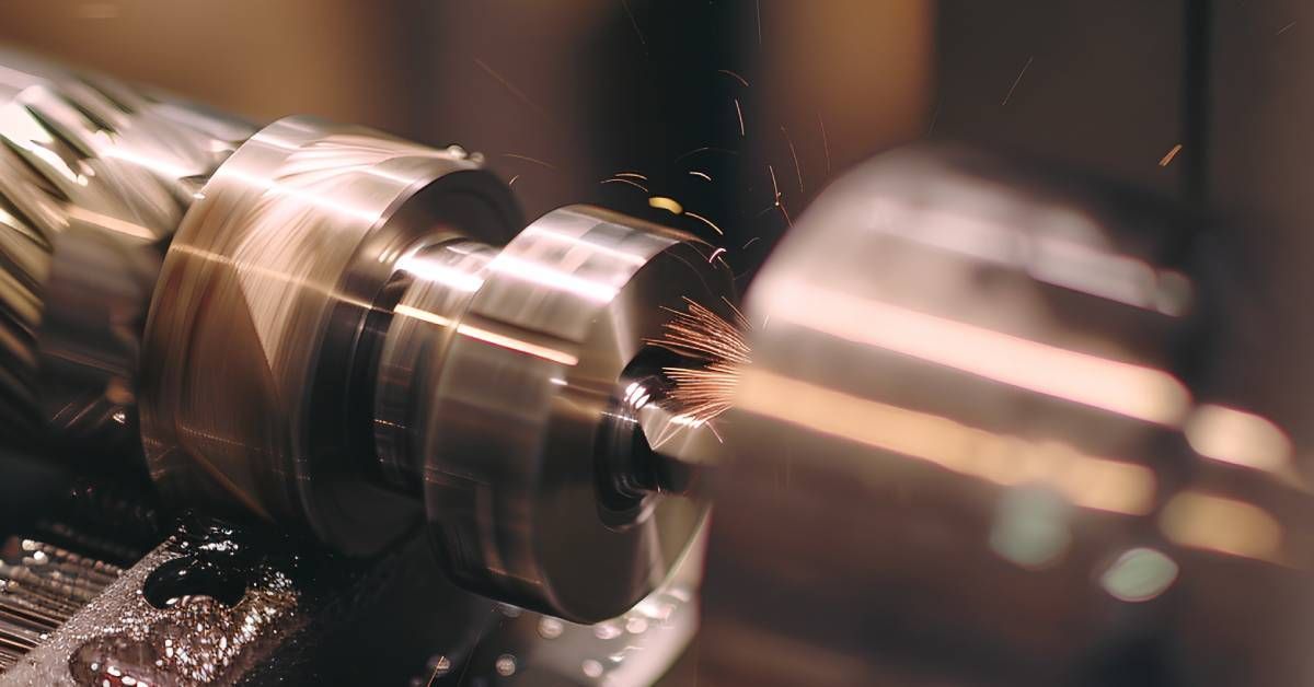 A close-up of a CNC-driven machine drilling into a piece of metal with small shavings coming off of it.
