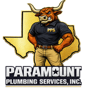 Bull mascot in black PPS shirt over Texas outline, with Paramount Plumbing Services, Inc. logo.