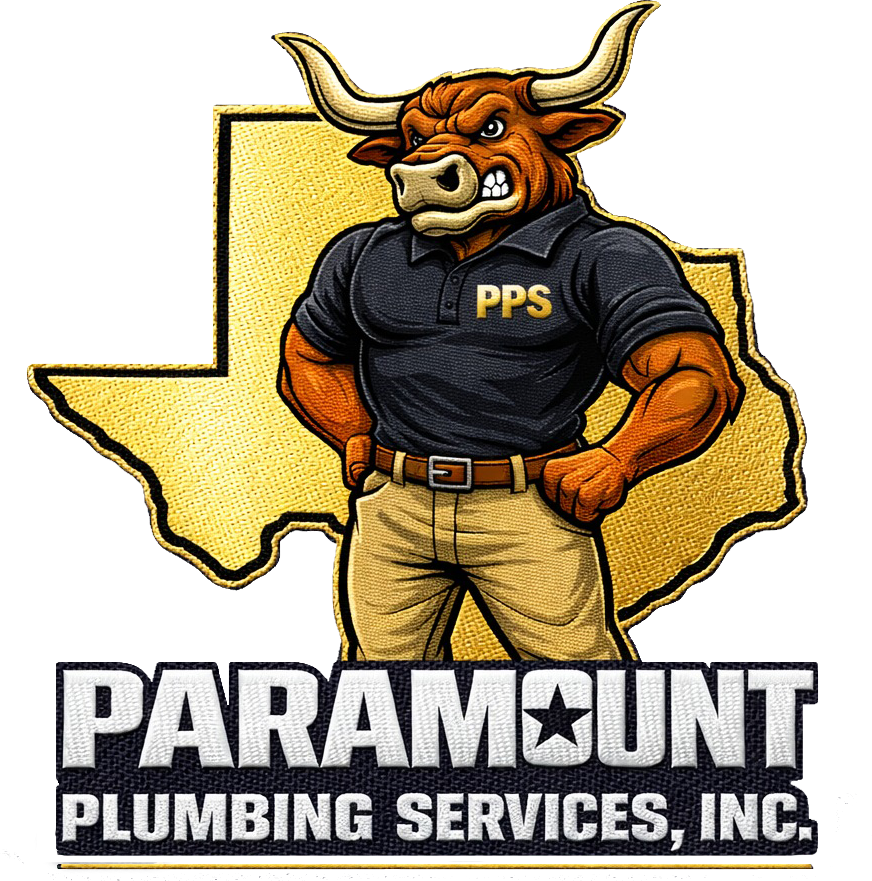 Bull mascot in black PPS shirt over Texas outline, with Paramount Plumbing Services, Inc. logo.