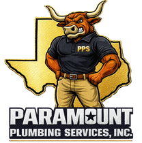 Bull mascot in black PPS shirt over Texas outline, with Paramount Plumbing Services, Inc. logo.